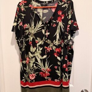 Liz Claiborne Floral Lace Up Blouse Black Tropical Tunic Plus Size 2X